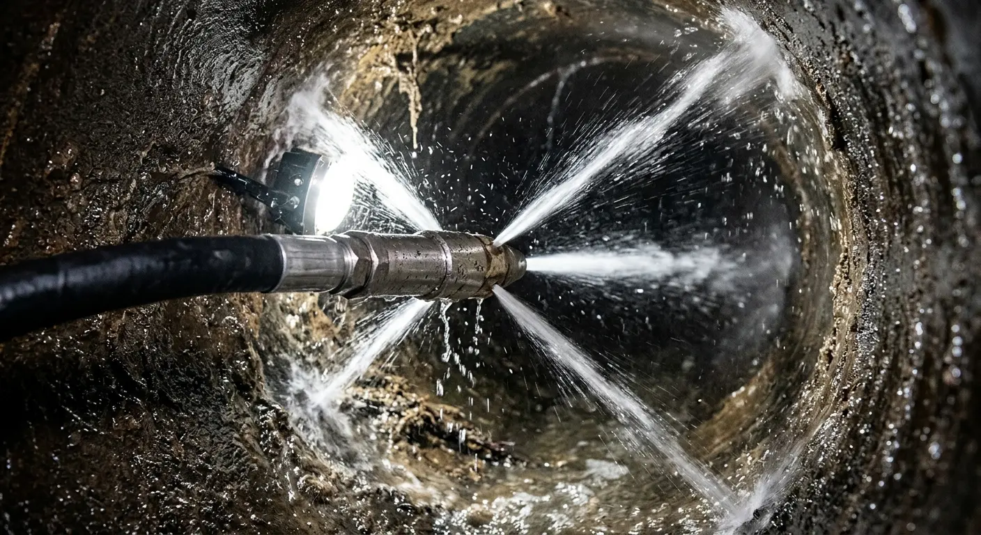 High-pressure hydro jetting nozzle cleaning sewer pipe for Storm Drain Cleaning in Oak Hills