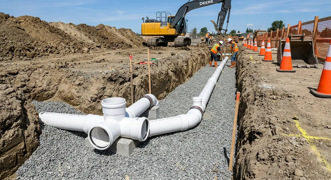 New PVC sewer pipe installation in open trench for Sewer Backup in Oak Hills