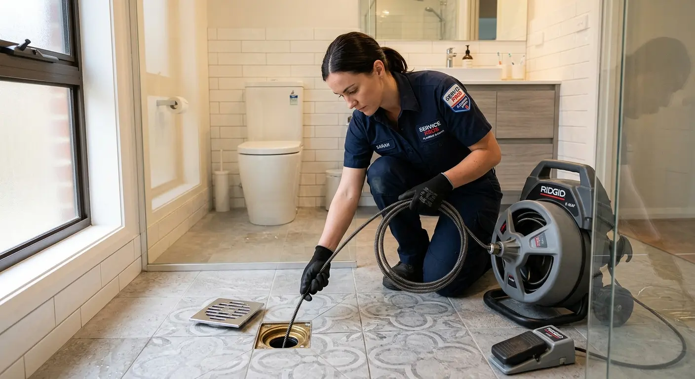 Technician clearing a bathroom floor drain for Clogged Drain Repair in Oak Hills